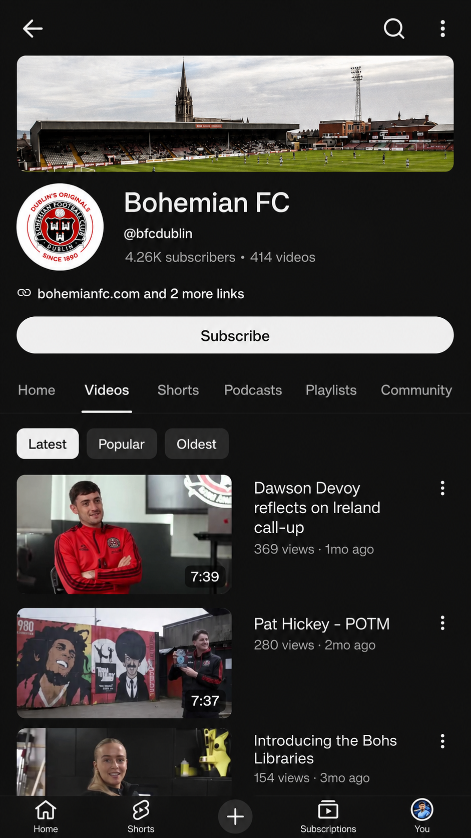 Current Bohemians FC YouTube mobile channel presentation before the proposed redesign