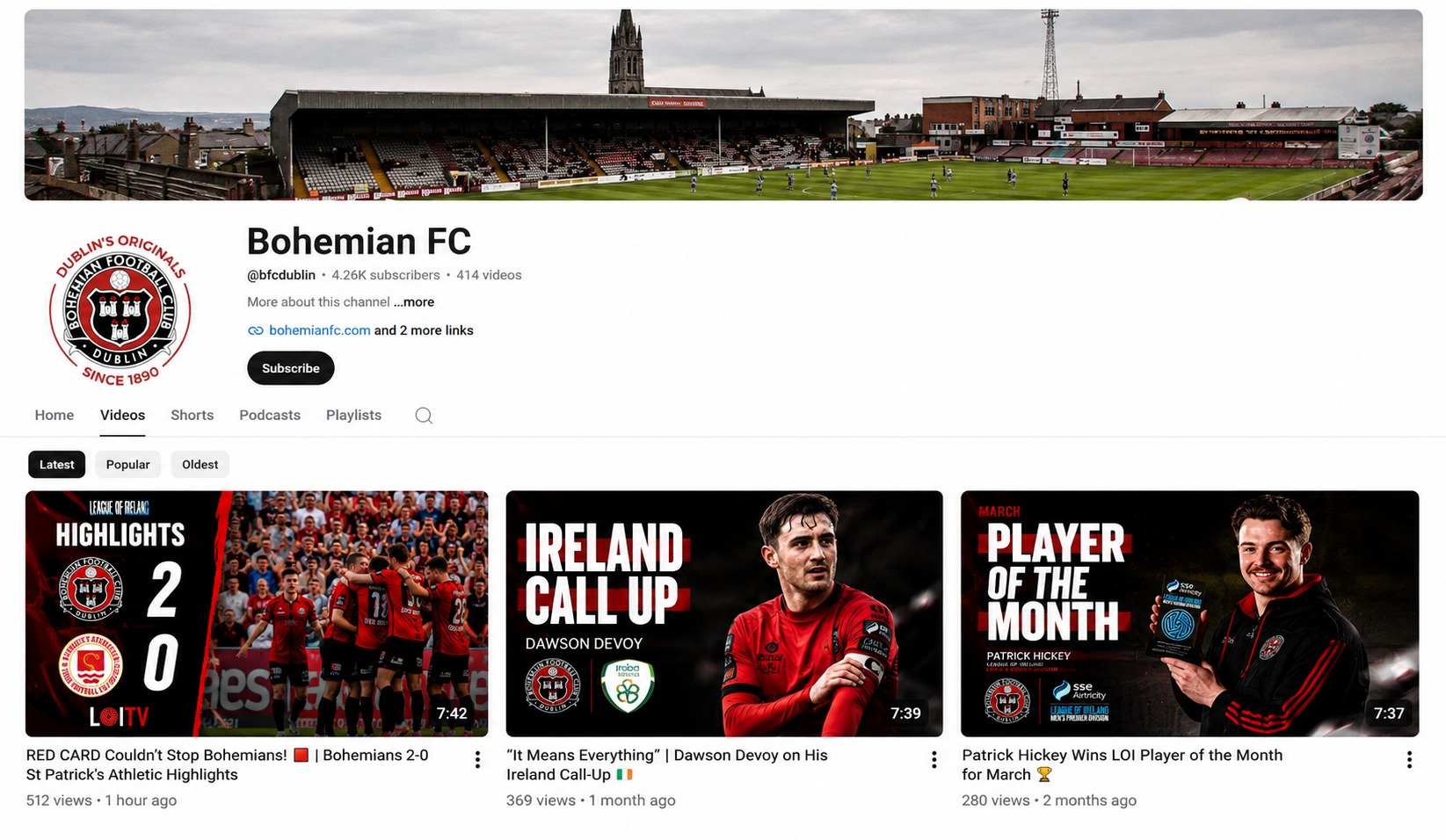 Proposed Bohemian FC YouTube channel desktop redesign