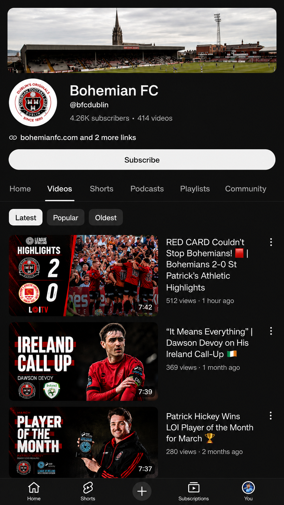 Proposed Bohemian FC YouTube channel mobile redesign
